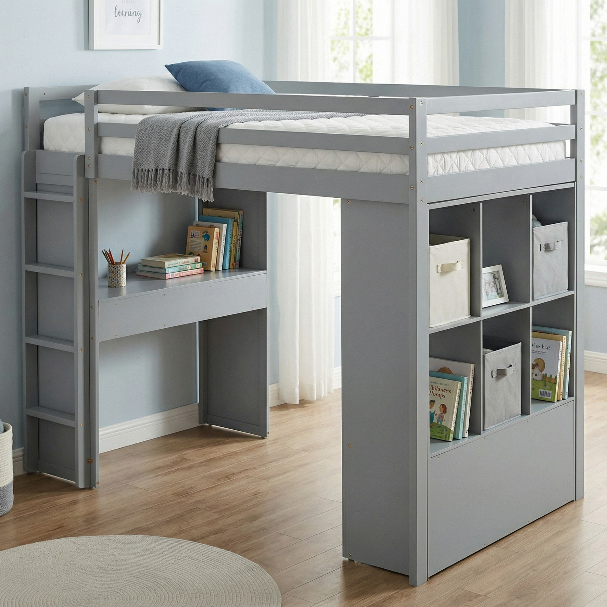 Harriet Bee Solid Wood Twin Size Loft Bed with Large Shelves, Writing ...