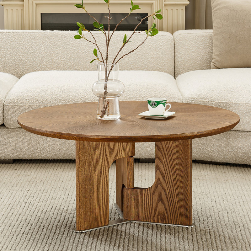 Table basse ronde 31,5 "avec base sculpturale et plateau en placage de bois, table centrale pour le salon