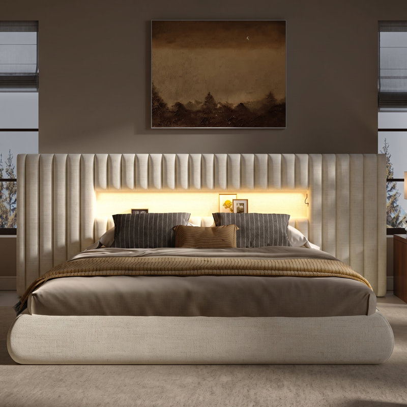 Barlow Modern Linen Blend Upholstered Platform Bed with Oversized Channel-Tufted Headboard, LED Light & USB Charging
