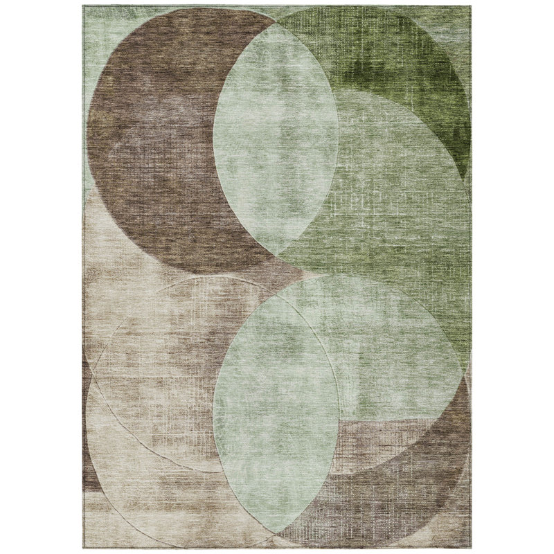 Tapis intérieur / extérieur 10 pi x 14 pi vert articulé brun et beige lavable à motif géométrique