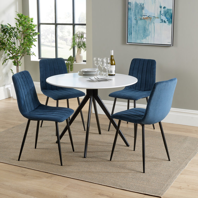Huetter aspen 1000mm oak foiled round table & 4 fabric chair Set, Blue, White