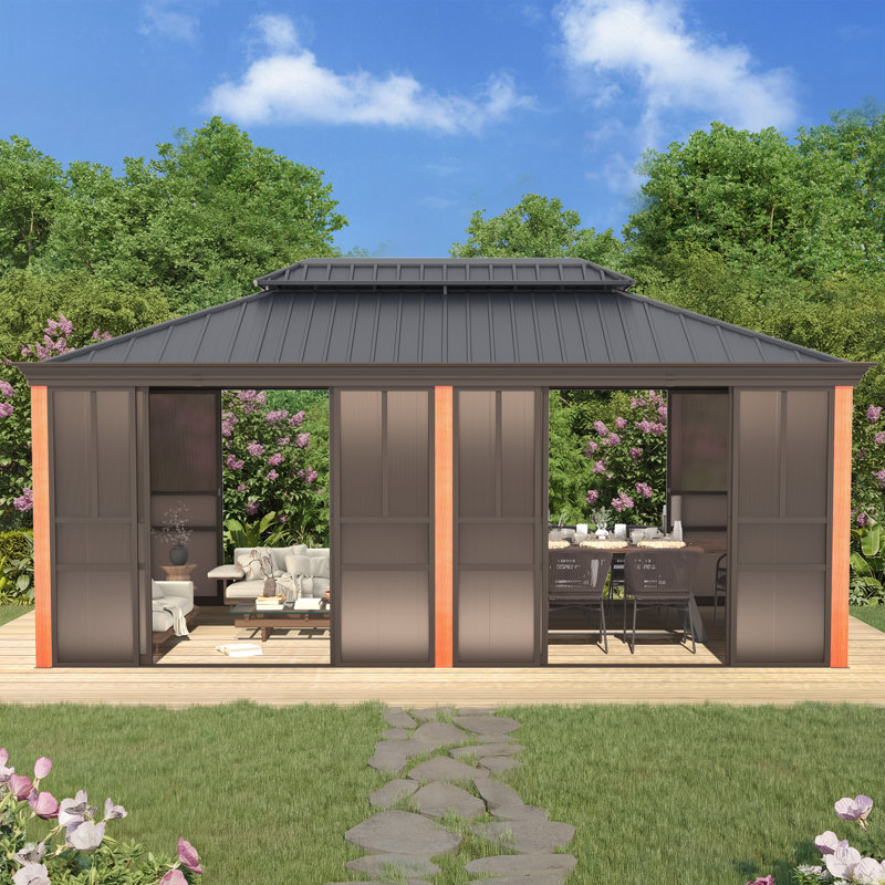 20 x 12 FT Wood Grain Sunroom Gazebo, Fully Enclosed Outdoor Solarium with Galvanized Steel Double Roof, Aluminum Frame, Sliding Doors & Slideable PE Screen Windows, Hardtop Sunroom for Patio, Backyard, Deck & Hot Tub
