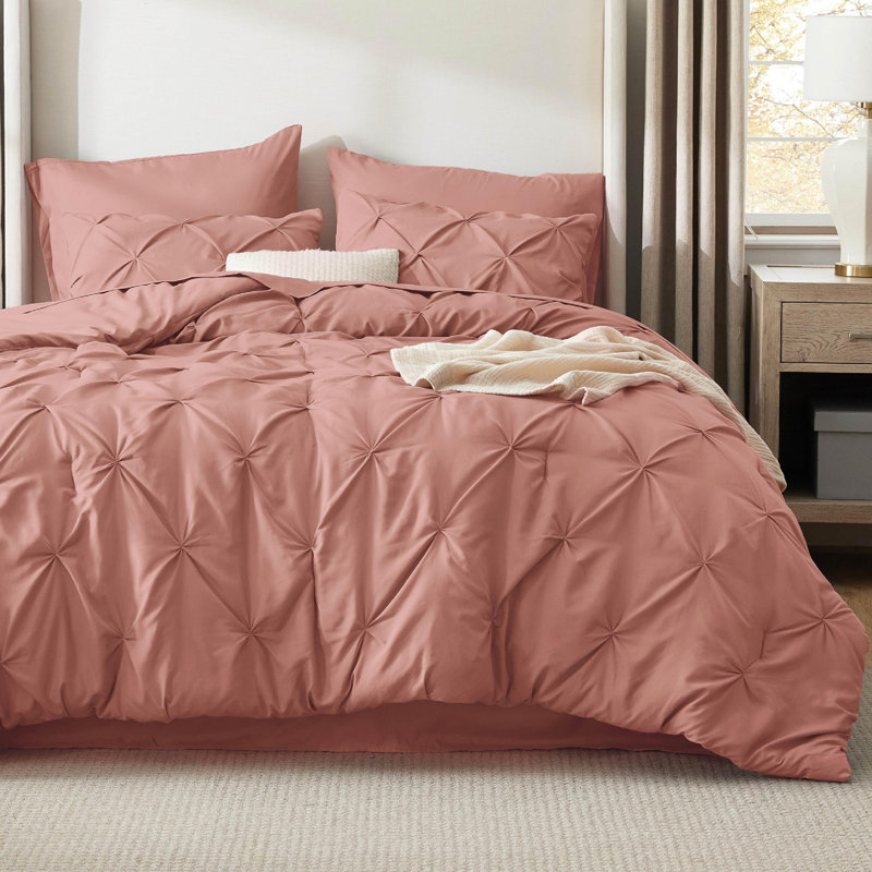 Bedsure Cal King Burgundy Pintuck Bed-in-a-Bag - Dusty Pink Pinch Pleat Comforter Set with Sheets, Pillowcases & Shams (Set of 7)