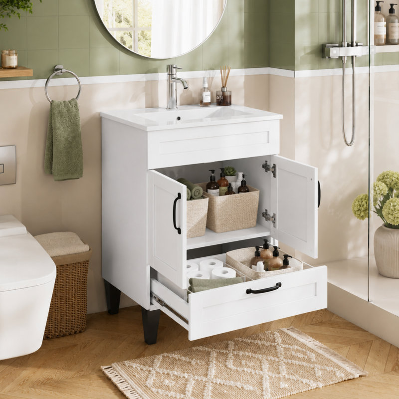 Ensemble de meuble-lavabo simple autoportant 24 po avec 2 portes, 1 tiroir et lavabo en céramique intégré, blanc