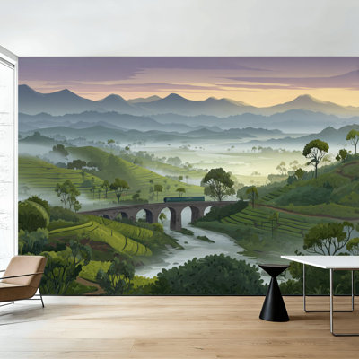 Papier peint auto-adhésif de voyage au train bleu en pierre au pont en arche de Green Hills Tea, 100 pi x l 144 po, papier peint amovible en PVC, adhésif mural pour chambre à coucher, bureau à domicile