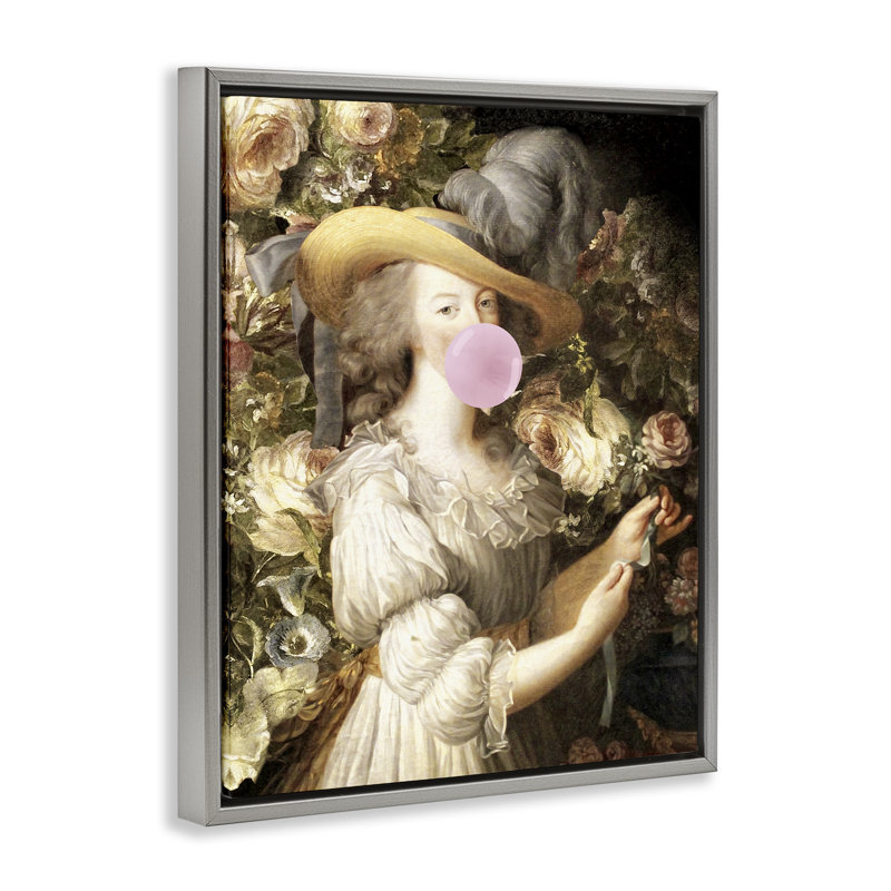 "Renaissance Lady & Gum", art mural sur toile flottante par Piddix, Cadre flottant gris, H 31 po x l 25 po