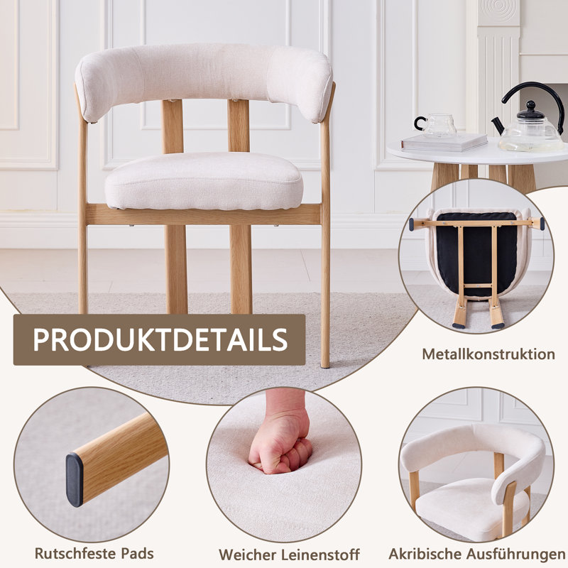 Linen Blend Upholstered Upholstered Back Armchair, Beige, 4, Beige, Light brown