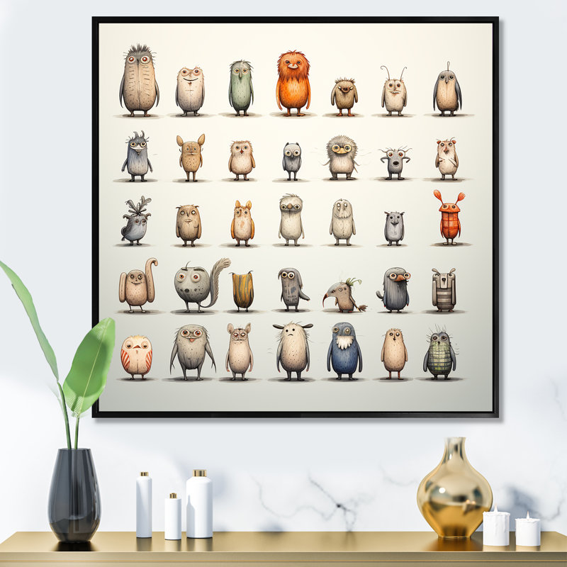 «Gray Childrens Monsters Nursery Motif I», reproduction d'art murale animaux, Cadre flottant noir