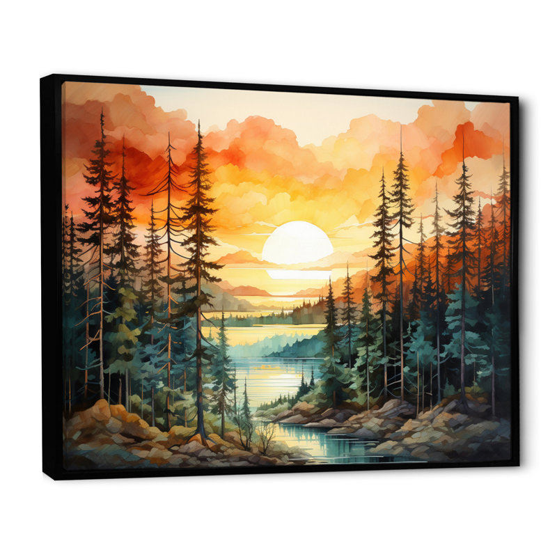 Pin, coucher de soleil brillant II - Pin, art mural, Cadre flottant noir, H 34 po x l 44 po x P 1,5 po
