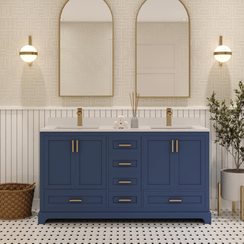 Meuble-lavabo double 60 po Maya avec comptoir en quartz blanc Maya, Bleu, Or brossé