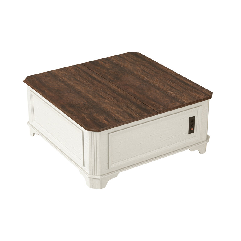 Table basse 40 po, table basse de rangement en bois avec plateau relevable, Blanc, Brun