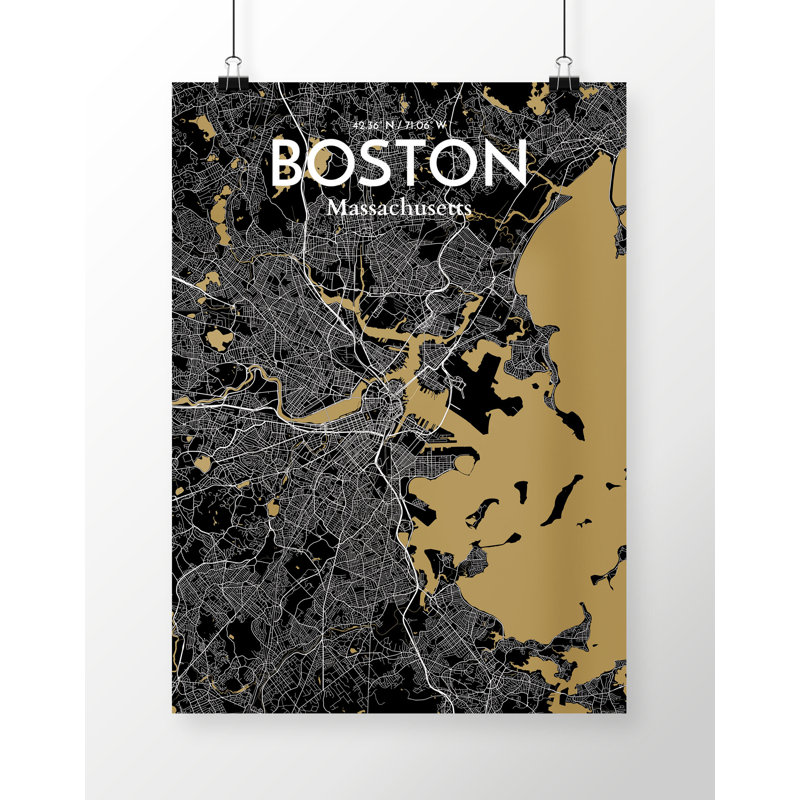 « boston city map », reproduction d’impression sur affiche en luxe, H 20 po x l 16 po