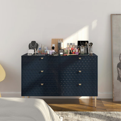 Commode à 6 tiroirs avec motif 3D en nid d'abeille et pieds fuselés dorés - Armoire en panneau de fibres à densité moyenne plaqué bois