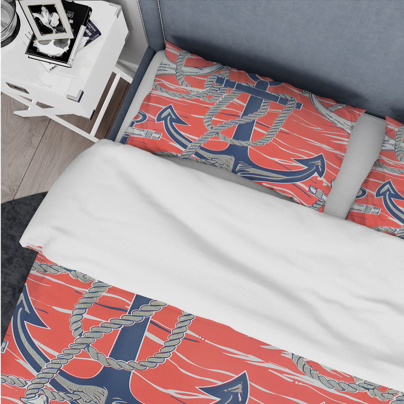 Ensemble de housse de couette nautique Peach Blue Nautical Anchor IV, Housse de couette simple + 2 taies décoratives st