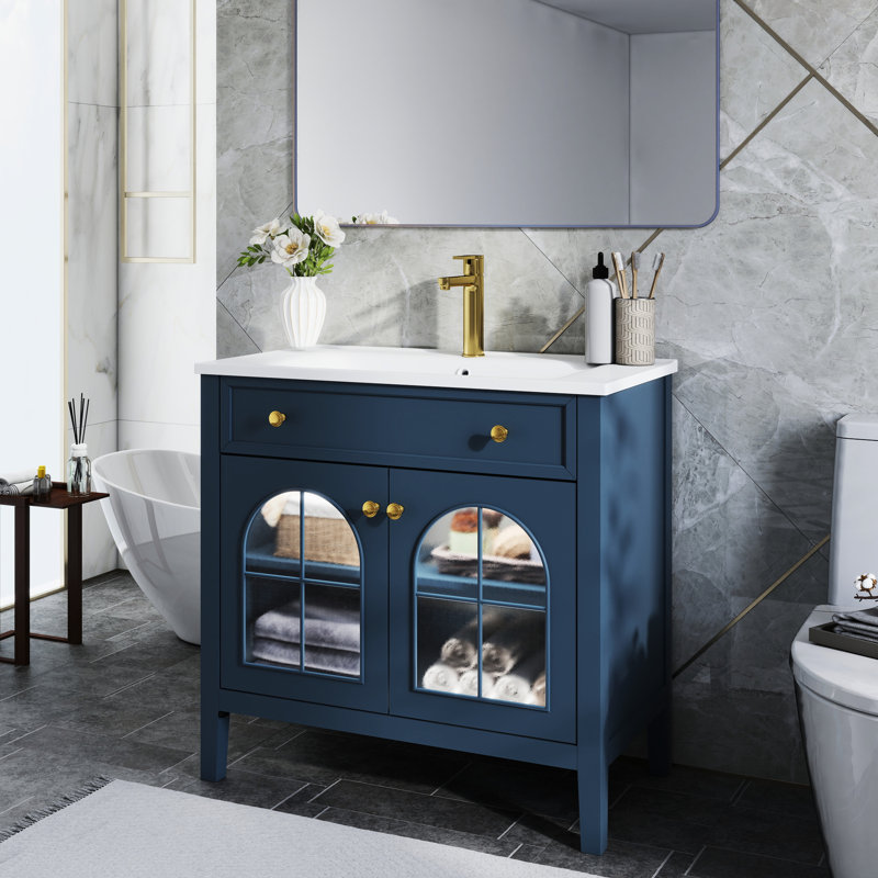 Meuble-lavabo bleu 35,6 po avec verre, éclairage activé par le mouvement, 2 armoires, design, d'inspiration médiévale, lavabo intégré et évier automatique Mid-Century avec beaucoup d'espace de rangement, style et preuve