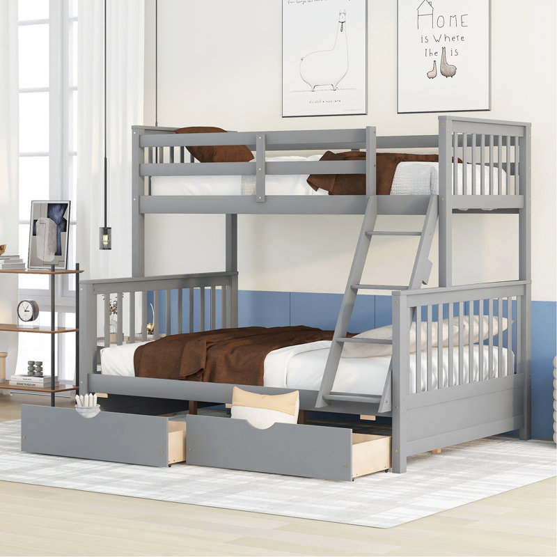 Lit superposé simple au-dessus d'un lit double avec échelles et deux tiroirs de rangement (gris), Gris
