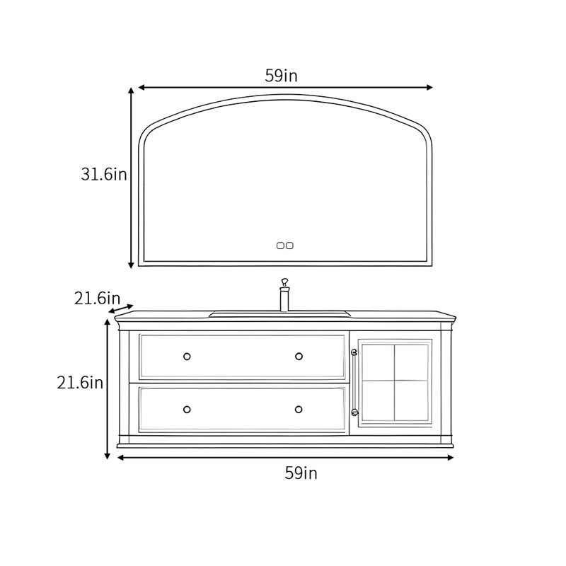 Armoire de salle de bain française, H 21,6 po x l 59 po x P 21,6 po