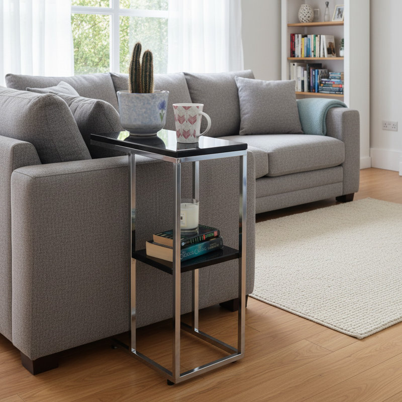 C Shaped Table With Shelf-Black, Black