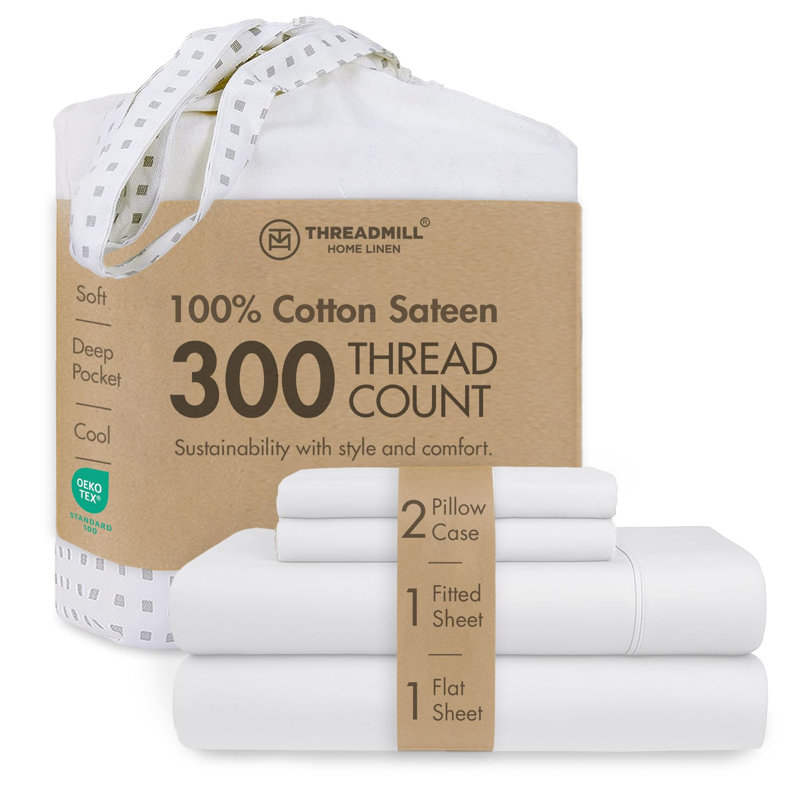 300 Thread Count 100% Cotton Sheet Set in Sateen Weave | Solid and Jacquard, Queen Sheet Set with 2 Pillowcases, White Solid