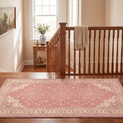 Tapis Downs2 traditionnel avec médaillon, style persan, or, rose, vert, crème, antidérapant, à poils courts, pour l'intérieur et l'extérieur, adapté aux animaux domestiques, salon, chambre, salle à manger, entrée, couloir, bureau, lavable