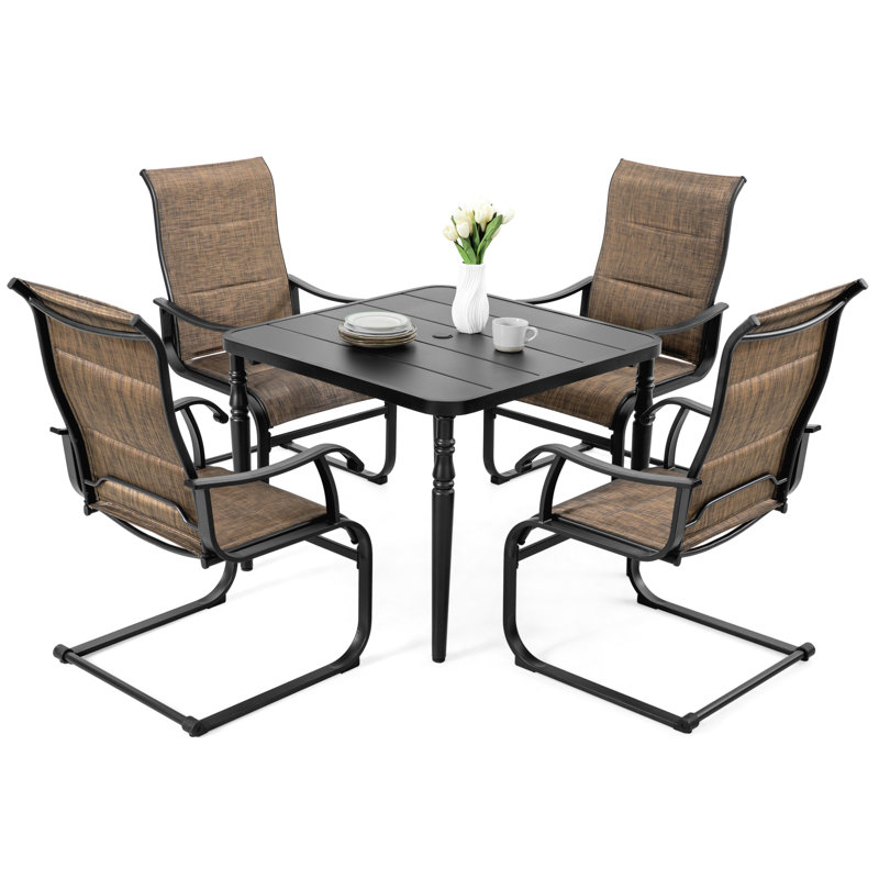 Ensemble de salle à manger 5 pièces pour l'extérieur en métal et métal avec trou pour parasol, Tanné