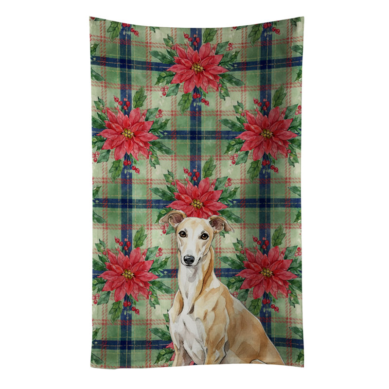 Fawn Greyhound Christmas PoinsettIas Kitchen Towel, Fawn Greyhound