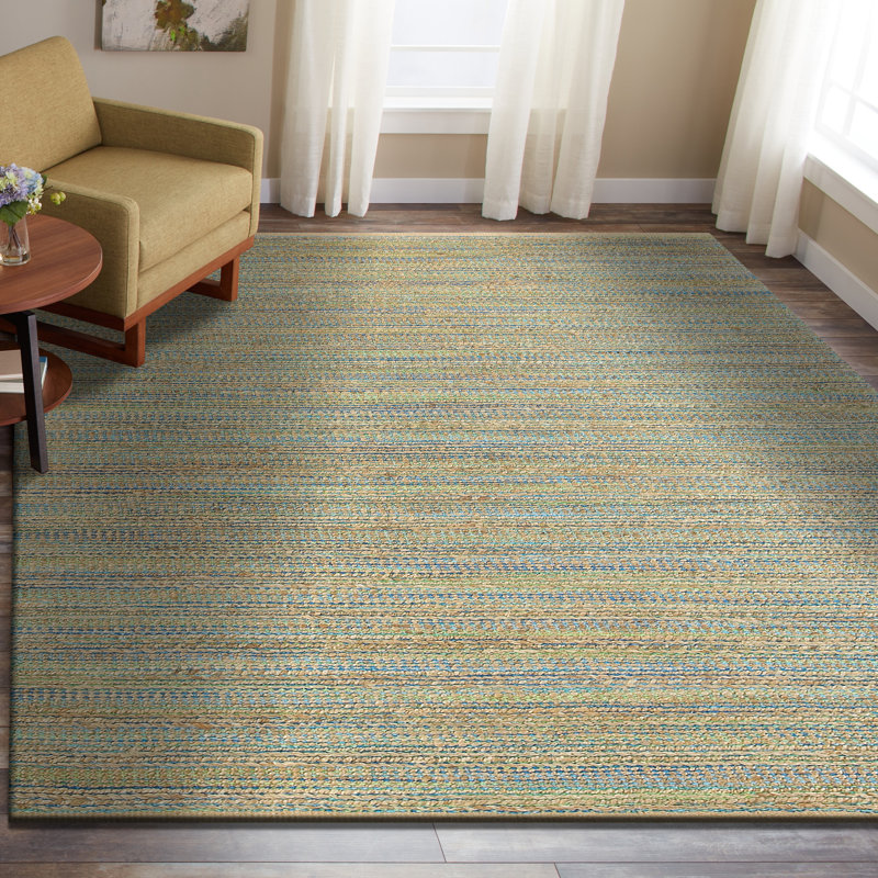 Modern Farmhouse Handmade Natural Fiber Jute Indoor Area Rug with Cotton Backing, Rectangle 9' x 12', Blue/Tan/Navy/Green