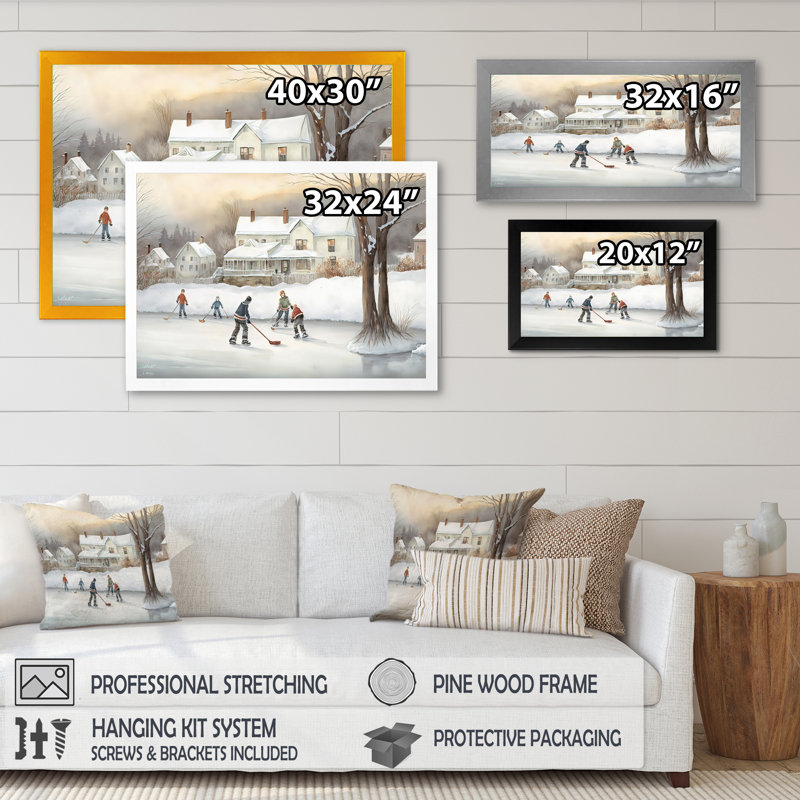 Enfants jouant au hockey en hiver III - peinture sur toile, Cadre doré simple, H 16 po x l 32 po x P 1 po