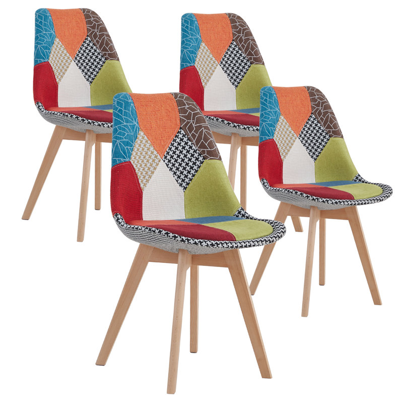 42.5cm H Patchwork Fabric Dining Chair, Retro Style Upholstered Side Chair with Solid Wood Legs, Red/Blue/Green