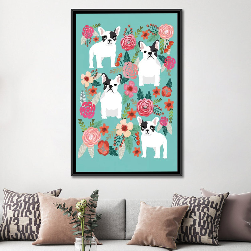 Collage floral français bouledogue, impression sur toile tendue, H 60 po x l 40po x P 1,5 po, Toile avec cadre noir