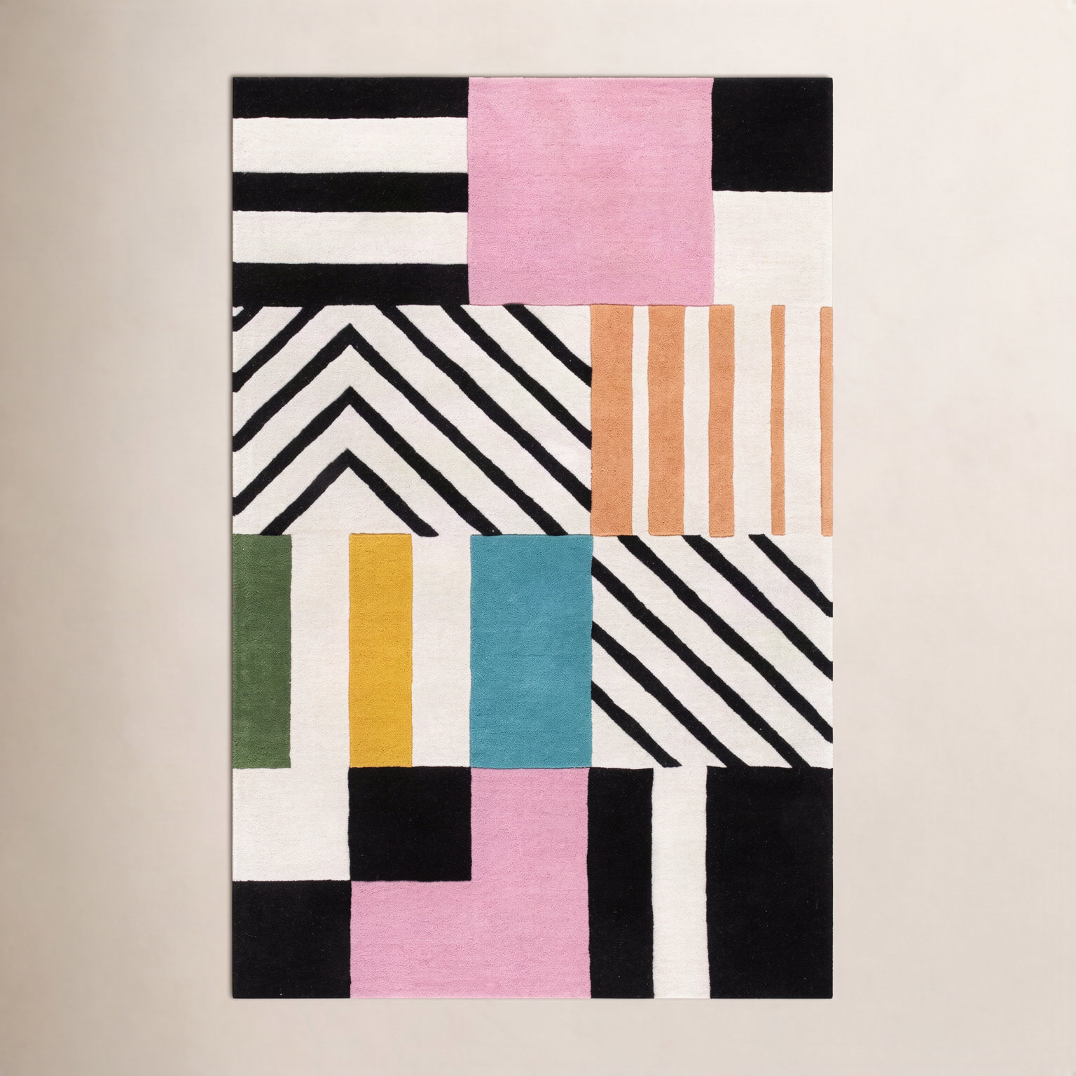Tripoli Ivory Black Pink Hand-Tufted Geometric Rug, Rectangle 4' x 6'