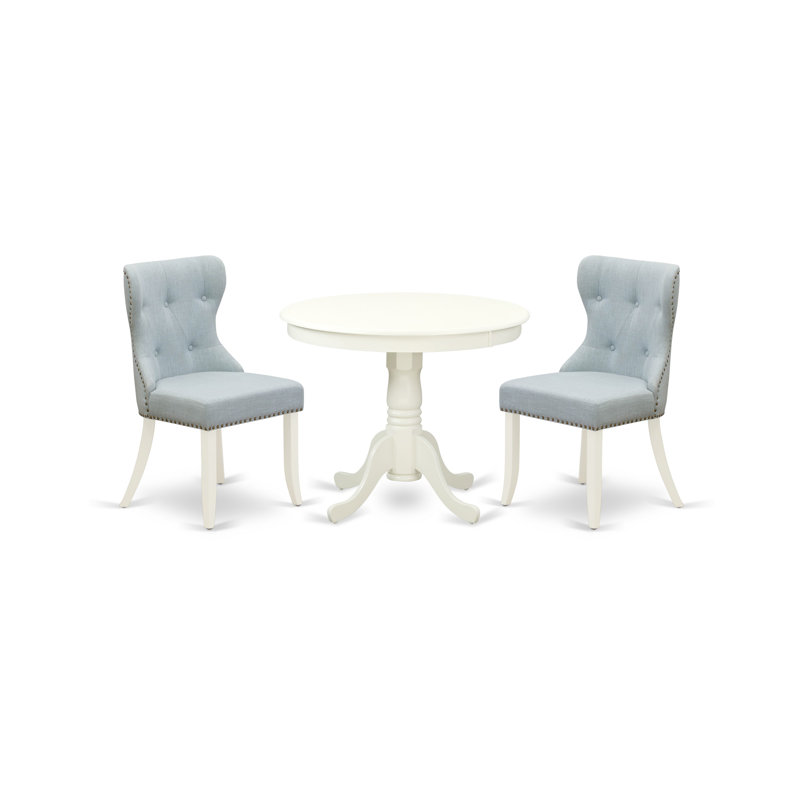 L'ensemble 3 pièces de table et chaises de cuisine comprend une table de salle à manger ronde avec piédestal et 2 chaises Parsons en tissu bleu bébé, 36 x 36 pouces, blanc lin