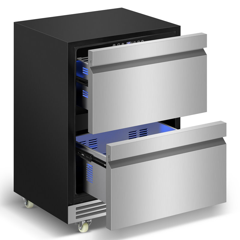 24-Inch Beverage Refrigerator Freestanding Or Built-In With Recessed Handle, Drawer Cooler, Under Counter, Locking Swivel Casters, Led Light, And Grid Organizer