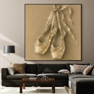 Extra Large Wall Art Fabric Print - Sparkling Ballet Shoes in Soft Gold Tones for Living Room or Bedroom - "Frame Assembly Required (Unfinished Frame)"