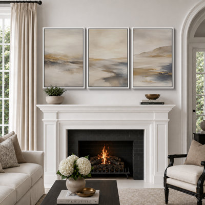 Neutral Abstract Landscape Artwork, Living Room Pictures, Framed Canvas Giclee Print 3 Pieces Wall Art