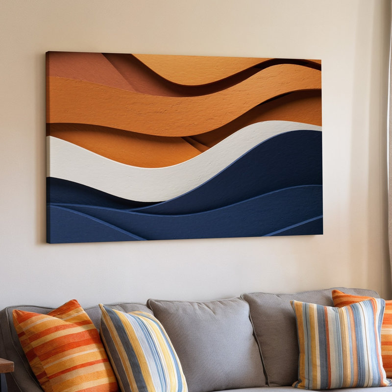 Toile, vue rapprochée d'une composition abstraite dynamique avec art mural, bandes ondulées superposées de papier texturé dans des tons chauds d'art mural sur toile