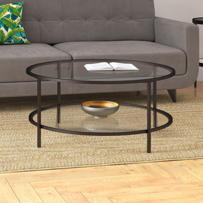 Table basse ronde Gibbs Sivil de 91 cm de diamètre avec plateau en verre, finition bronze noirci, Bronze noirci