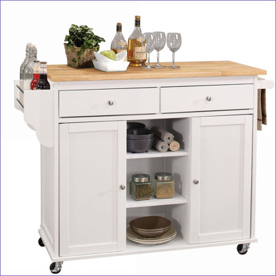 Kitchen Cart with 2 Doors, 2 Drawers &amp; Storage | Natural+White | Solid Wood+MDF