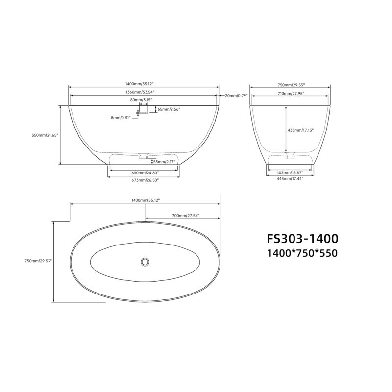 55" Premium Solid Surface Deep Soaking Bathtub