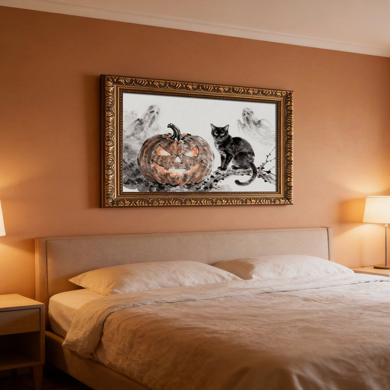Cadre mural vintage orné de chat fantôme d'Halloween – Cadre doré décoratif pour œuvres d'art., L 12 po x l 18 po