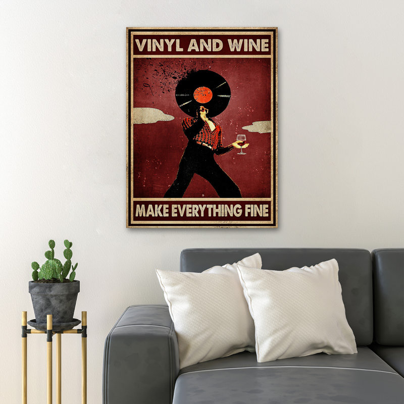 Homme avec vinyle et vin, H 36 po x l 24 po x P 2 po