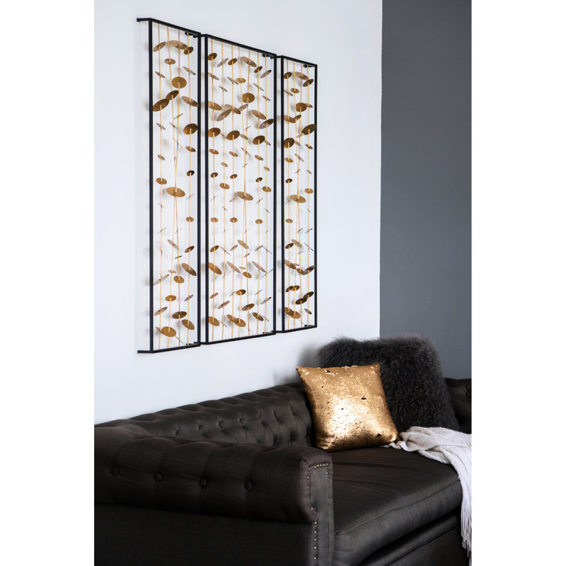 3 pièces d'art mural en métal avec cadre noir, décoration en fer de 3 décorations dorées captivantes, pour la maison