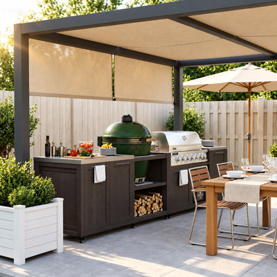 Ensemble d'îlot de cuisine modulaire pour l'extérieur avec table de gril, station de cuisson en bois massif pour gril de 28 à 36 po et gril Kamado, plateau en acier inoxydable 304, comptoir amovible et armoires de rangement