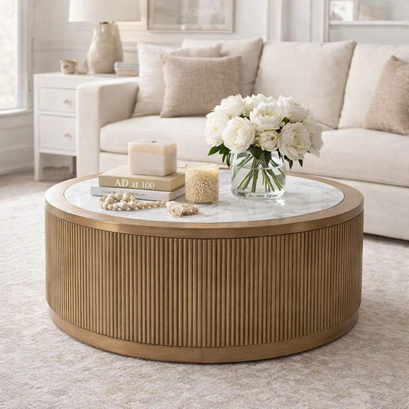 Table basse Dill sur roulettes, 42 po rond faux marbre, brun roseau