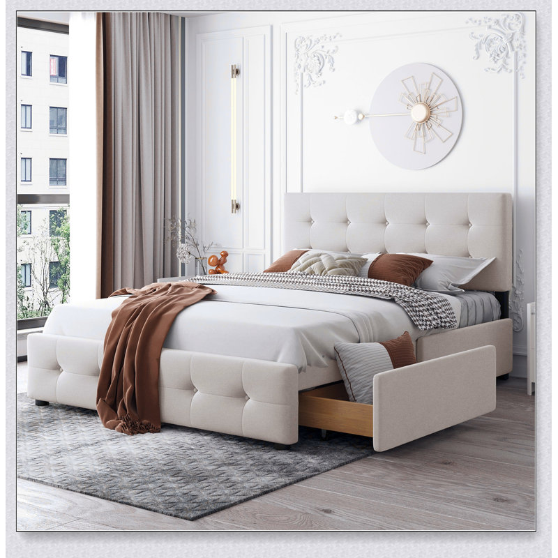 Lit plateforme tapissier avec tête de lit classique, 4 tiroirs et tissu en lin, sans sommier tapissier pour plus de confort et de style