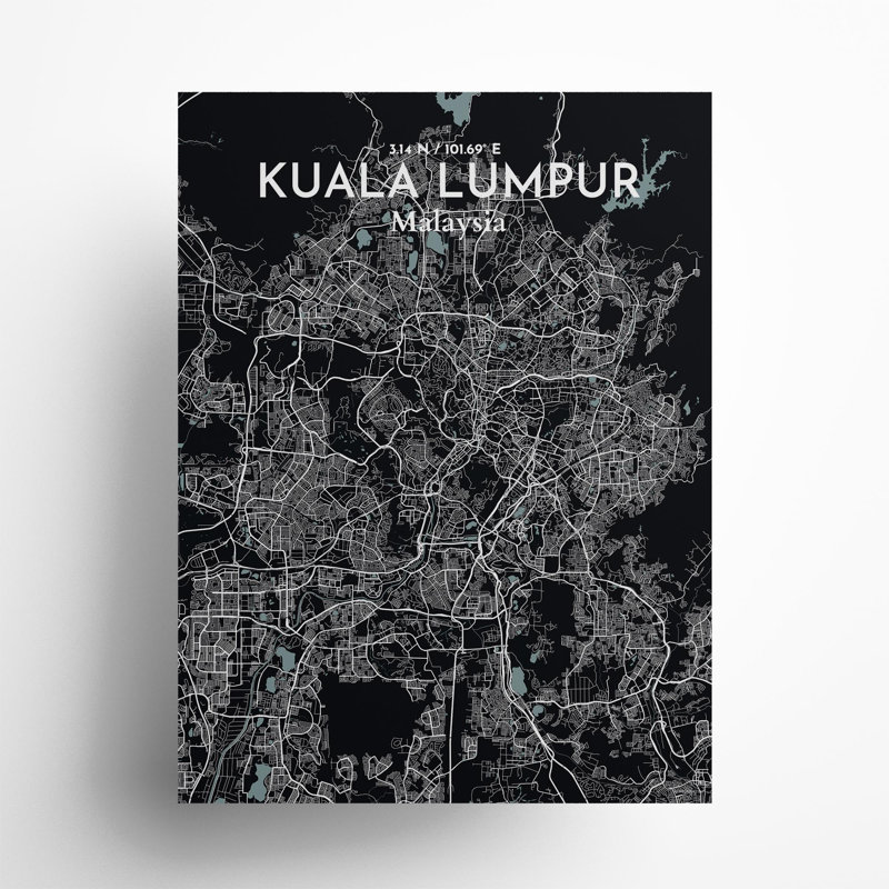 «Kuala Lumpur City Map», impression de luxe, H 24 po x l 18 po, Gris / noir