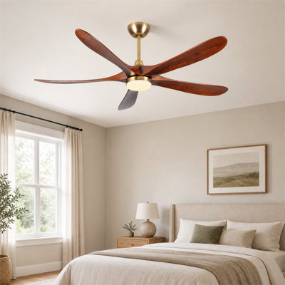 Antique Bronze & Walnut Wood Ceiling Fan, Mid-Century Modern 62" Ceiling Fan with 5 Reversible Blades, Quiet DC Motor & 3-Color Dimmable LED Light for High Ceiling Rooms
