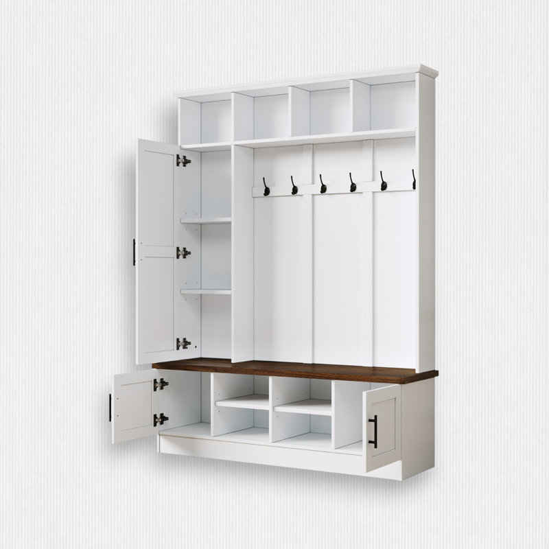 Hall Tree 55'' Wide with Bench and Shoe Storage, White