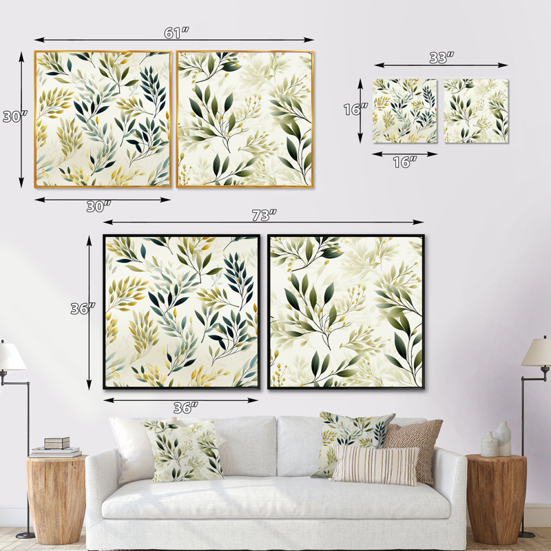 Zen Leaves III - Ensemble de 2 collages carrés floral et botanique, Cadre flottant blanc, H 16 po x l 33 po