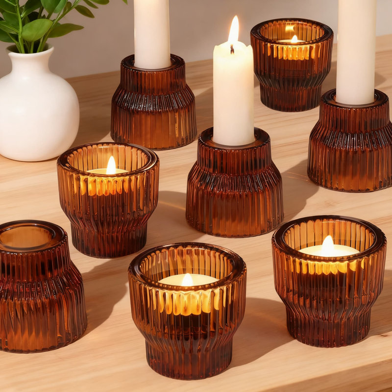 12-Pack Glass Candle Holders, Dual-Sided Taper And Tea Light Candlestick Holders For Wedding Centerpieces And Table Decorations, Thick Textured Glass Votive Holders